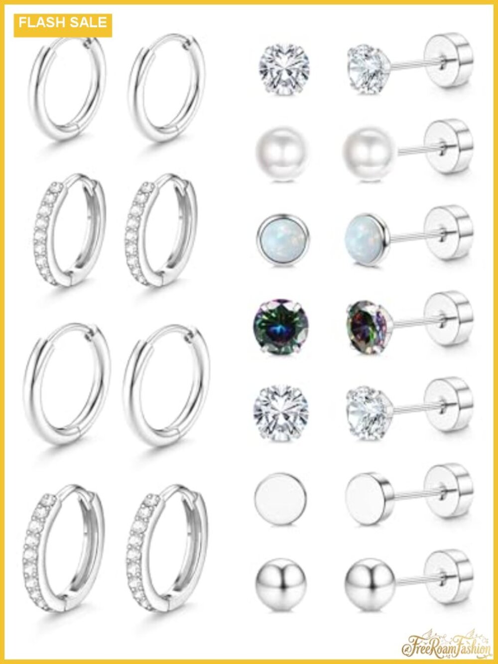 Hypoallergenic 316L Stainless Steel Flat Back Stud & Hoop Earrings Set for
